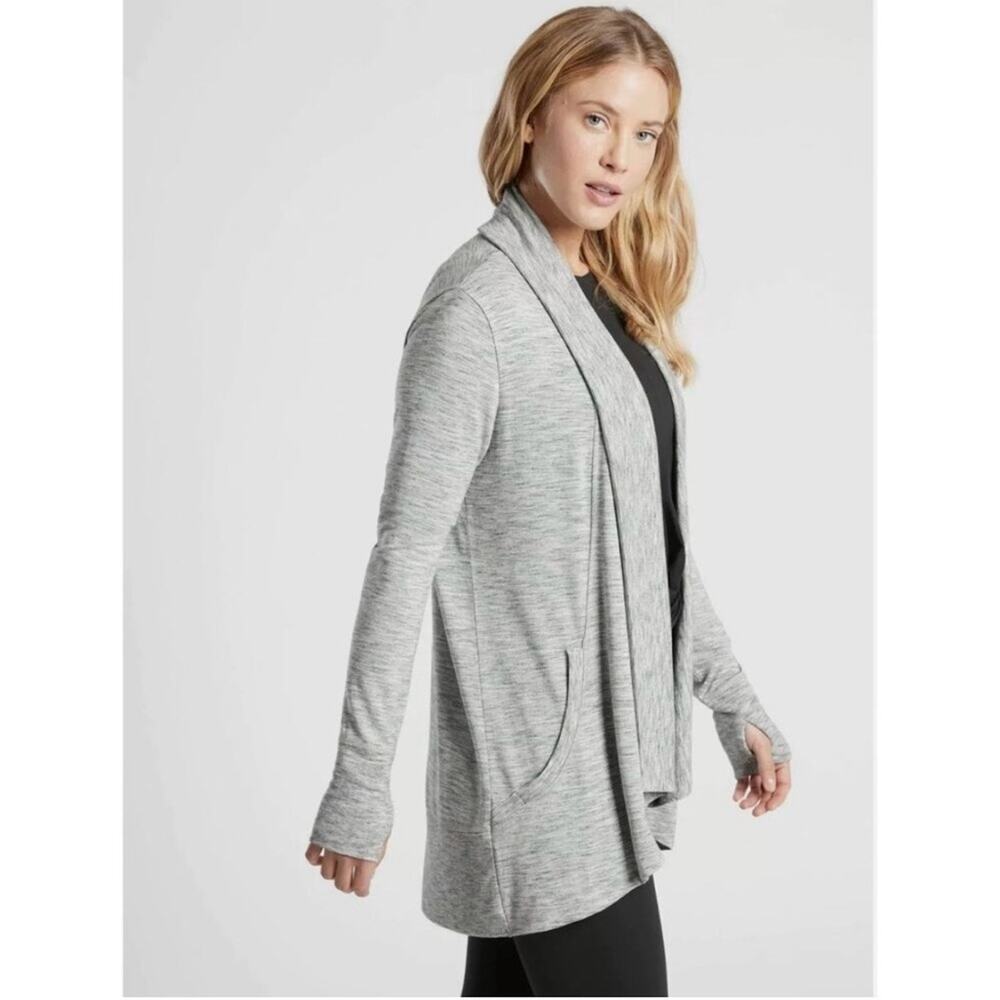 Athleta Pranayama Waterfall Cardigan Heather Gray Thumbholes Open Front Size M